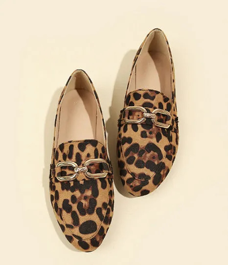 Brown leopard print suede round toe flat heel pumps for women