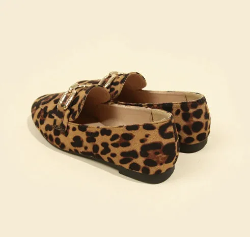 Brown leopard print suede round toe flat heel pumps for women