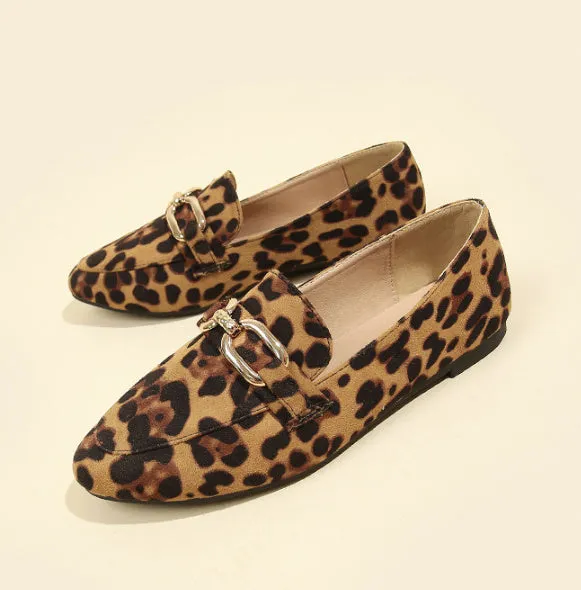 Brown leopard print suede round toe flat heel pumps for women