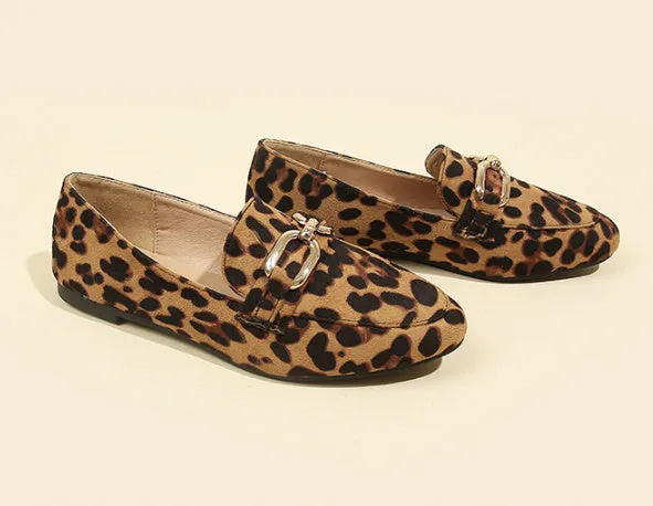 Brown leopard print suede round toe flat heel pumps for women