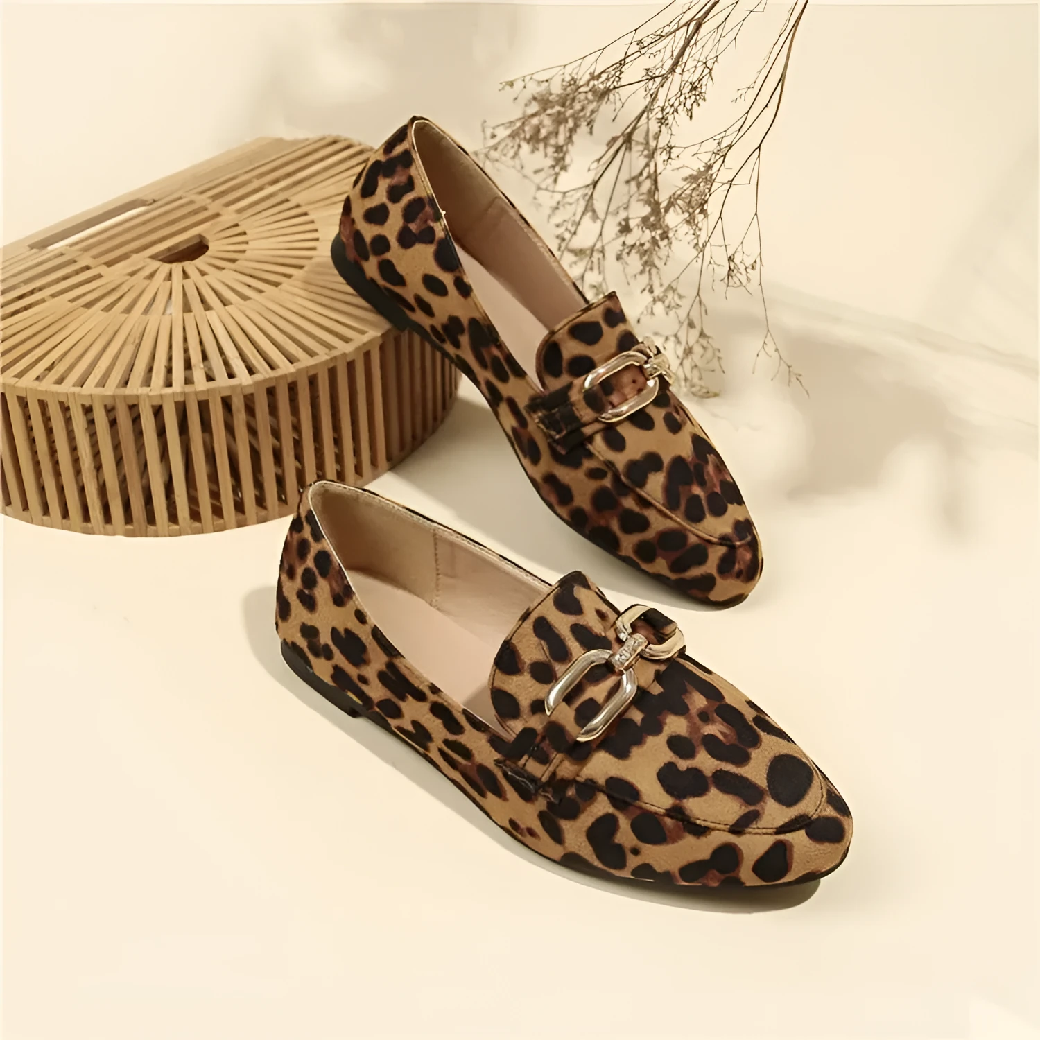 Brown leopard print suede round toe flat heel pumps for women