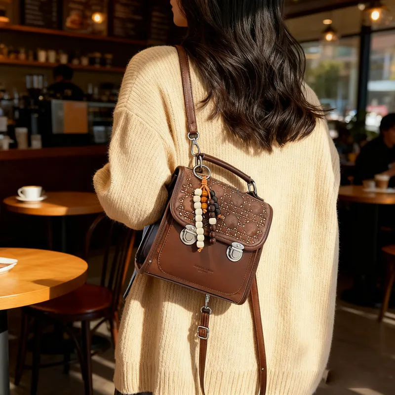 Small square PU leather messenger backpack for women with texture finish in black colour