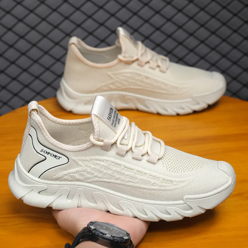 Breathable thin mesh flyknit casual men's sneakers in beige, low top with rubber sole and front lace-up
