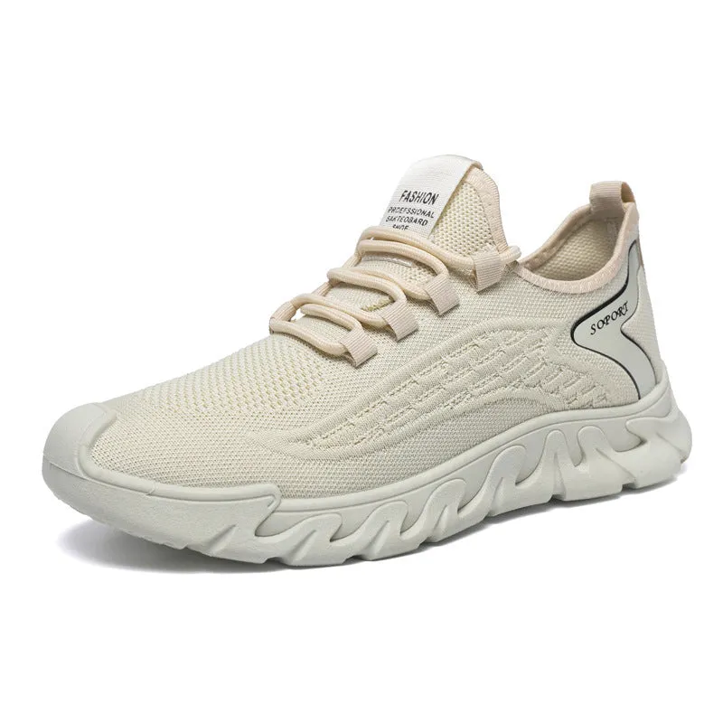 Breathable thin mesh flyknit casual men's sneakers in beige, low top with rubber sole and front lace-up