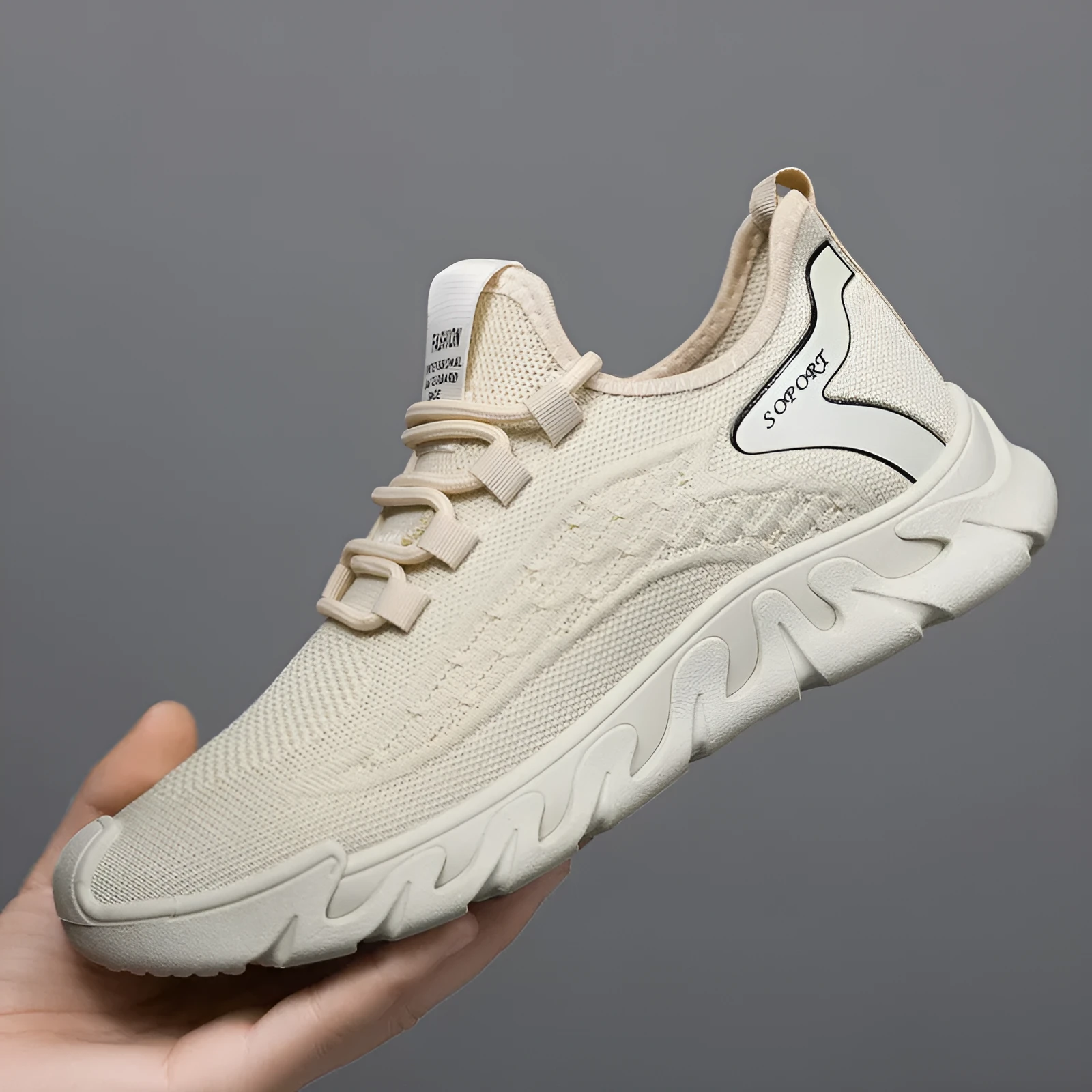 Breathable thin mesh flyknit casual men's sneakers in beige, low top with rubber sole and front lace-up