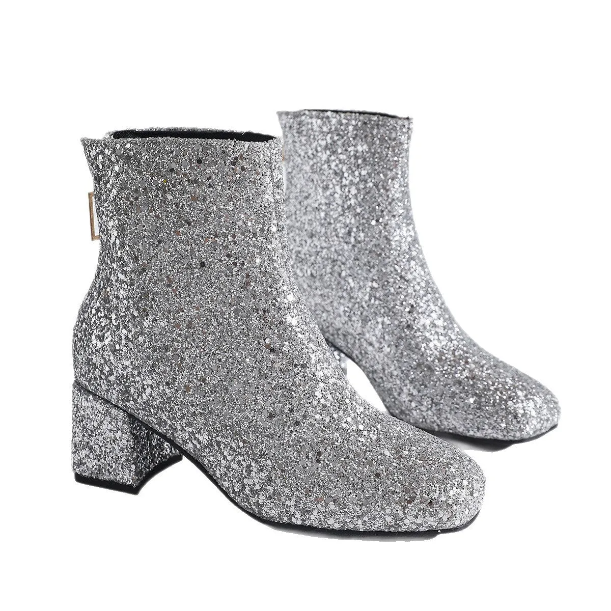 Plus size sequin high heel shoes in black with chunky heel and pointed toe, back zipper, mid-calf sock length
