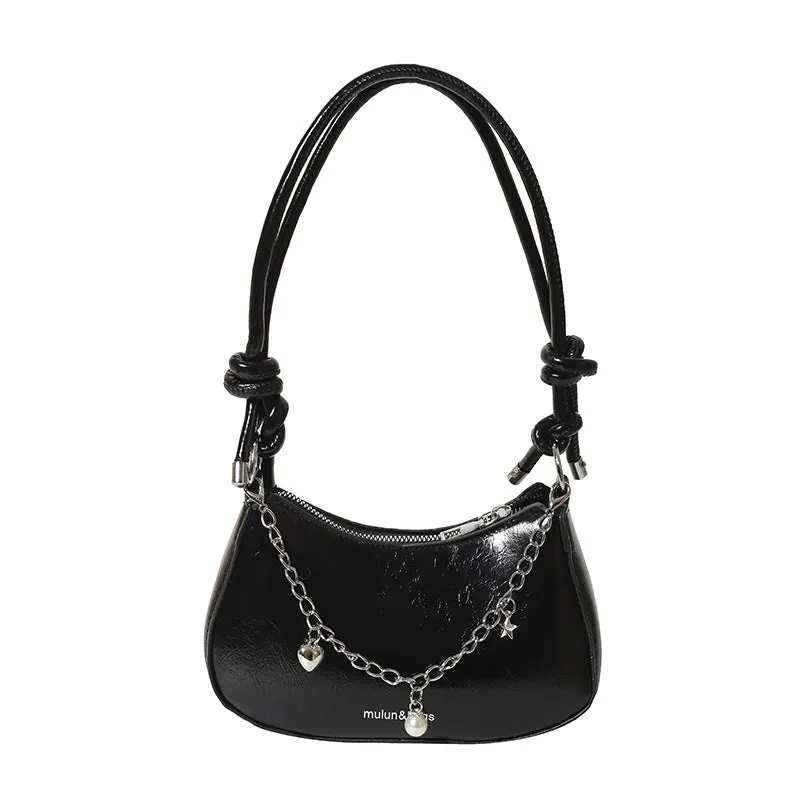 PU one-shoulder crossbody commuter bag horizontal square shape with chain accent in black