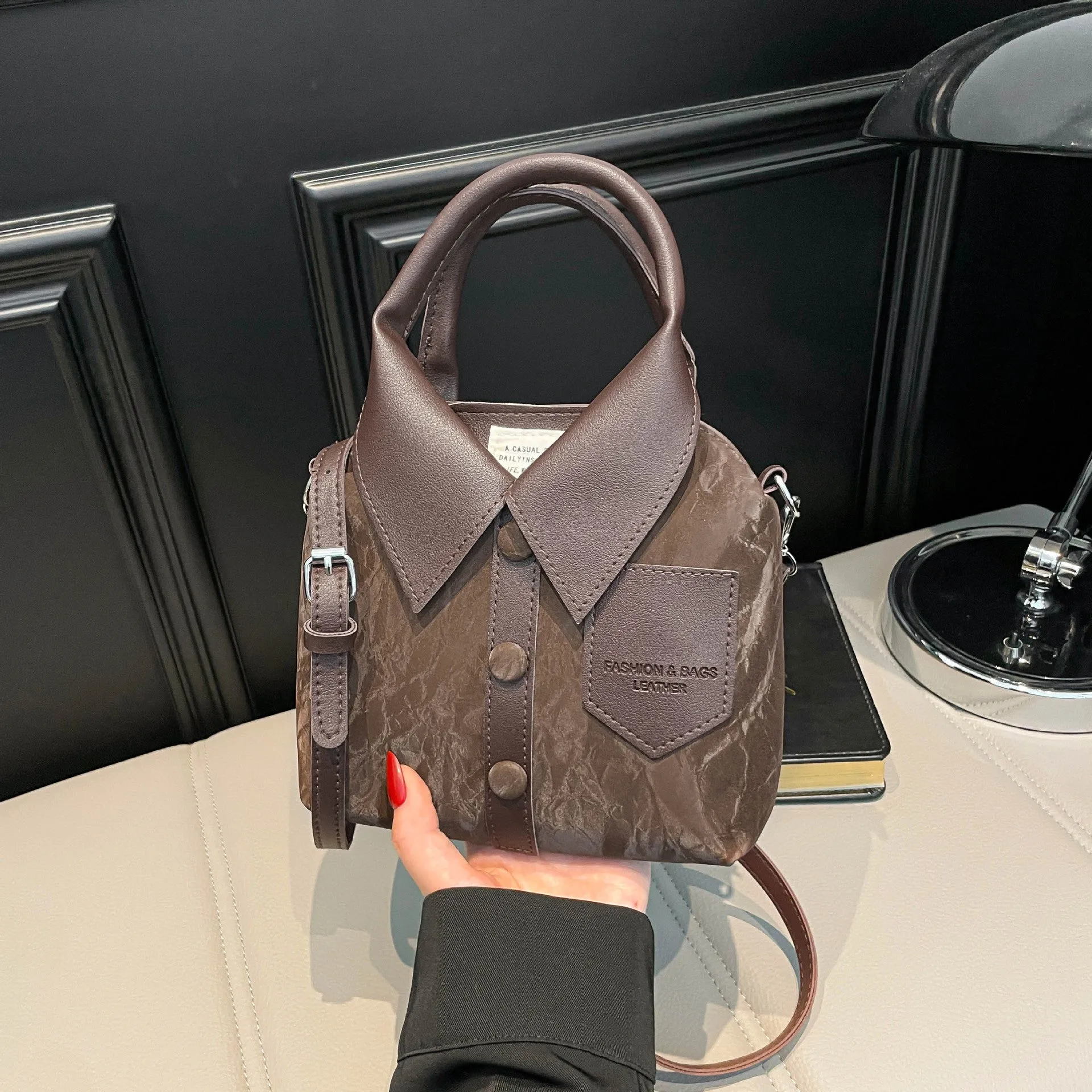 Women's creative messenger bag shirt style PU medium soft square vertical single shoulder strap