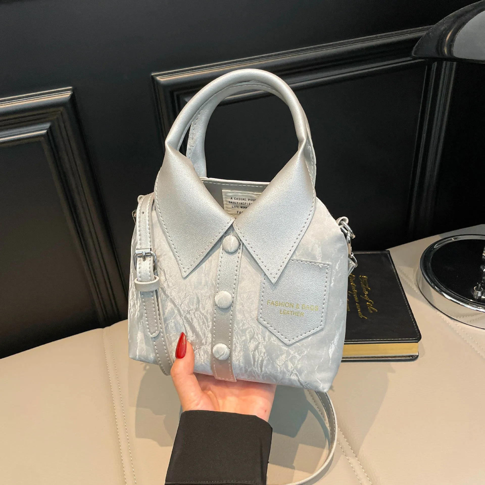 Women's creative messenger bag shirt style PU medium soft square vertical single shoulder strap