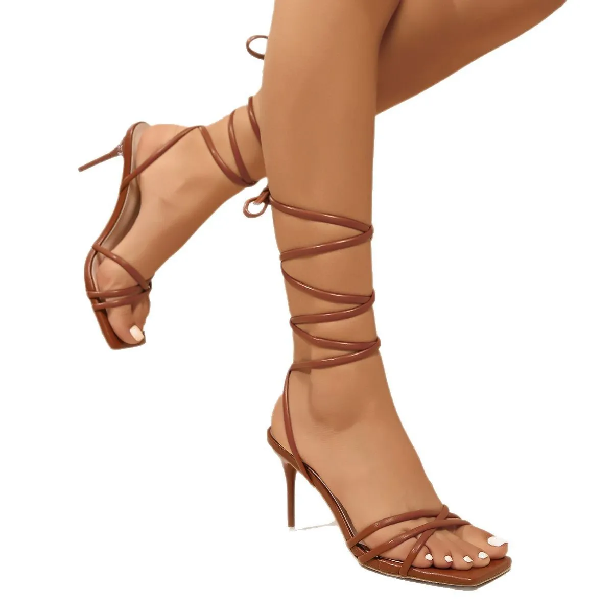 Women's lace-up high heel sandals in dark brown with square toe and cross strap closure