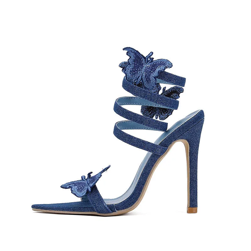 Women's denim blue pointed open toe high heels with snake-shaped roll rubber sole
