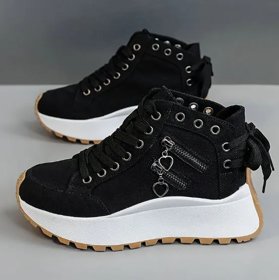 Women's high-top platform casual shoes round toe artificial PU in black, blue, or khaki
