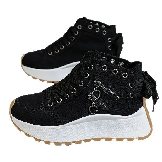 Women's high-top platform casual shoes round toe artificial PU in black, blue, or khaki