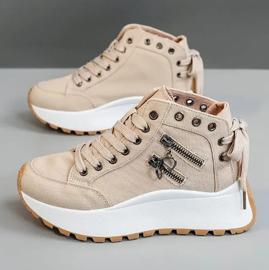 Women's high-top platform casual shoes round toe artificial PU in black, blue, or khaki