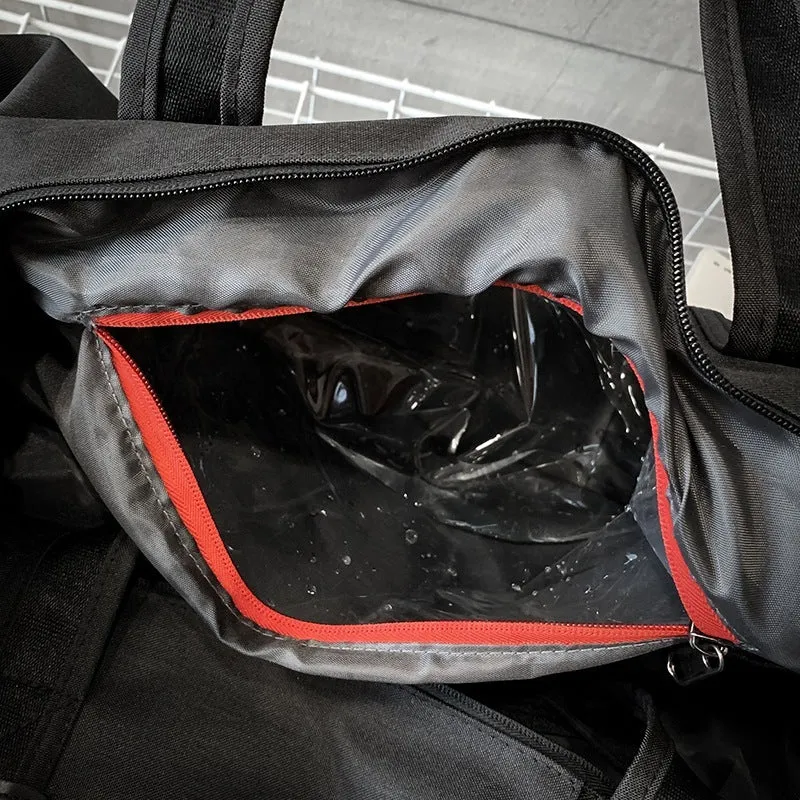 Cylindrical wet and dry sports gym bag in black with polyester texture and zippered pockets