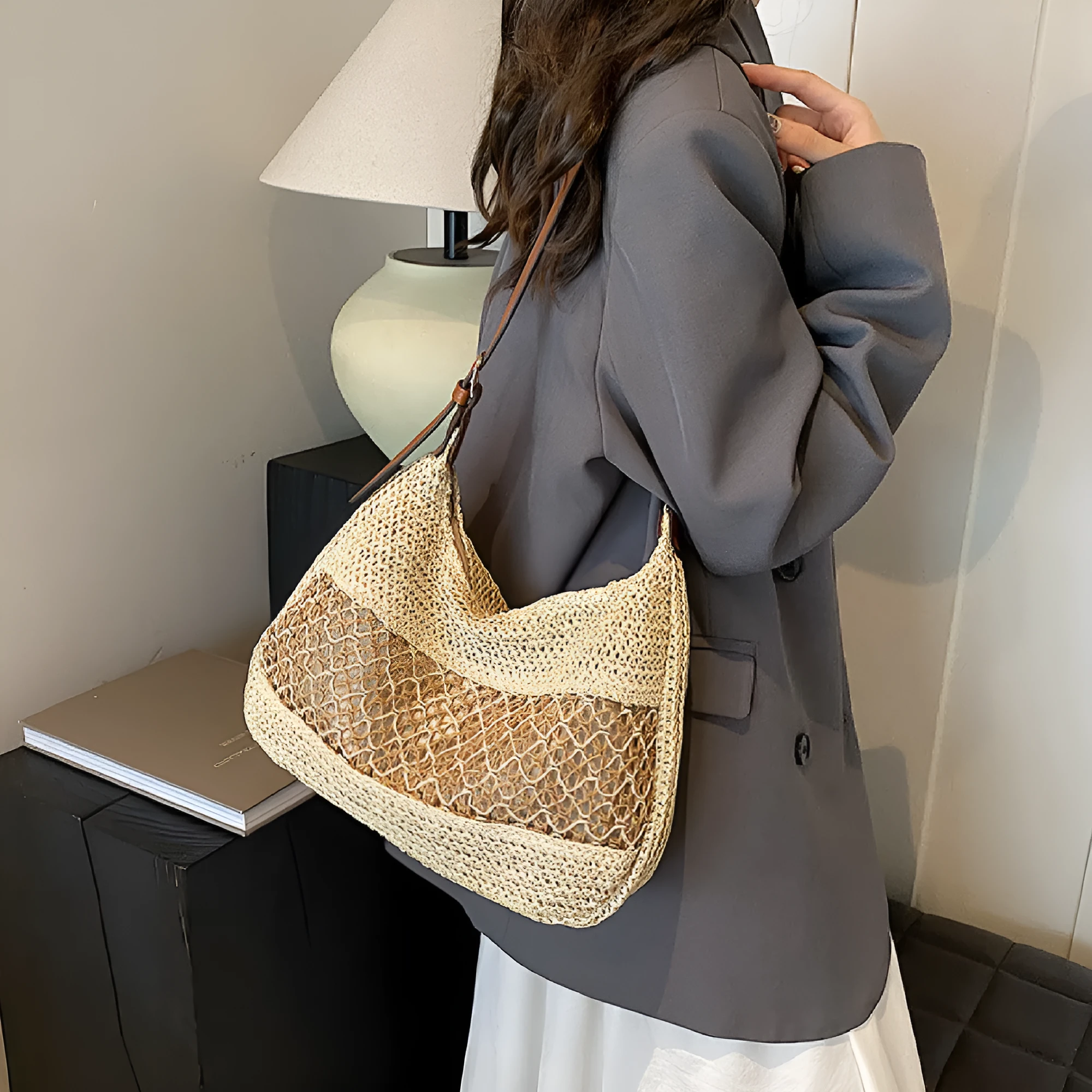 Women's straw cross body bag in khaki colour with horizontal square shape and cross body strap