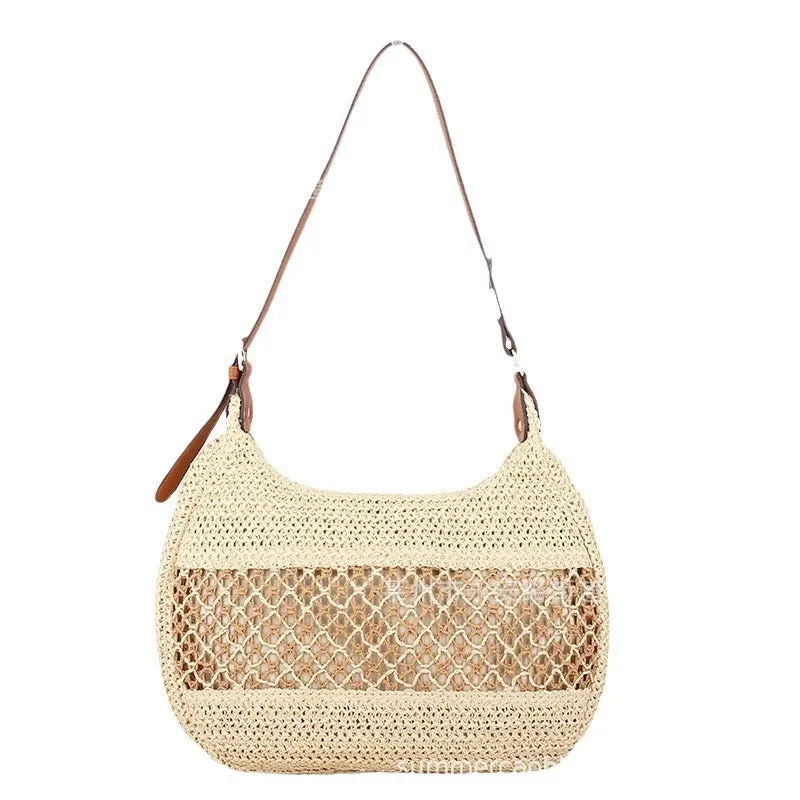 Women's straw cross body bag in khaki colour with horizontal square shape and cross body strap