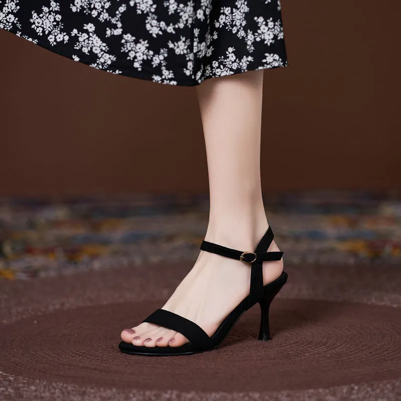 Women's small size suede sandals with high heel strap, round toe, black, 7cm heel, side view