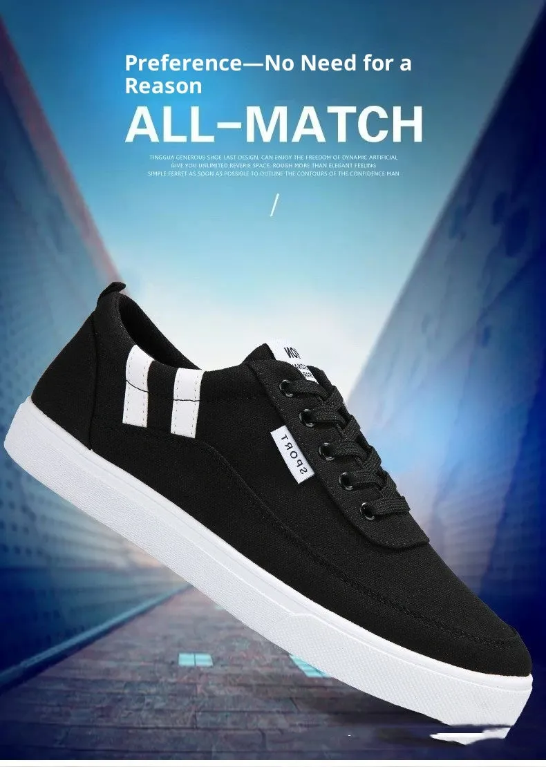 Men's black cloth cover low top canvas shoes with lace-up closure and rubber sole