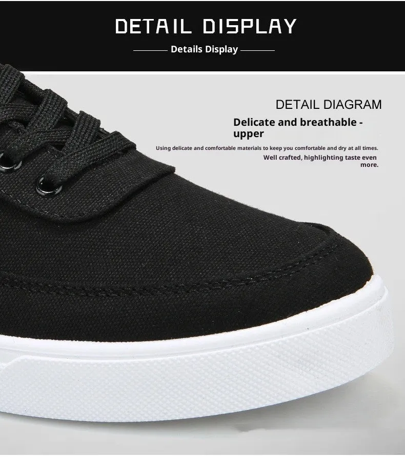 Men's black cloth cover low top canvas shoes with lace-up closure and rubber sole