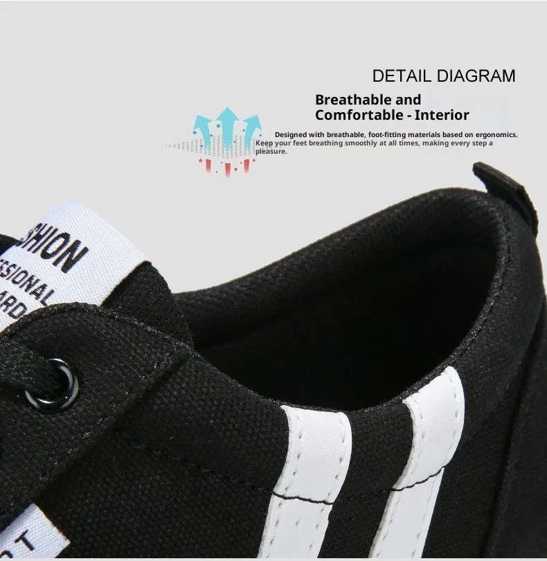 Men's black cloth cover low top canvas shoes with lace-up closure and rubber sole