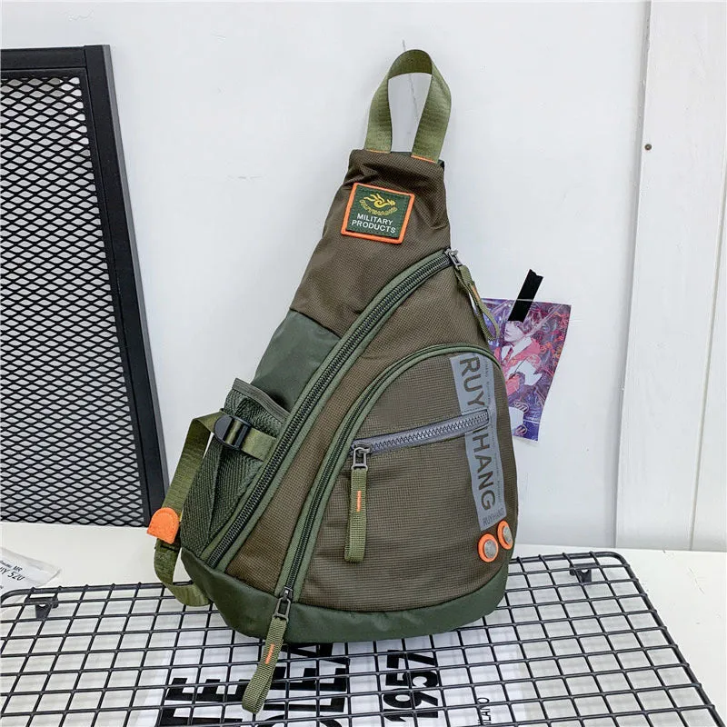 Unisex outdoor large capacity nylon chest bag in black with ventilation slots and adjustable strap