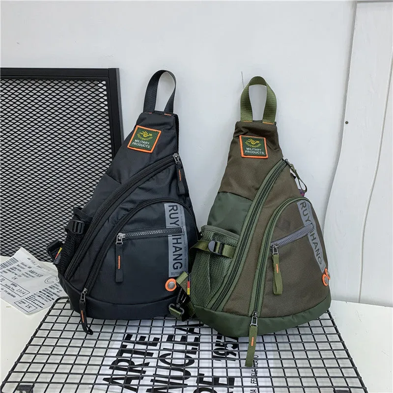 Unisex outdoor large capacity nylon chest bag in black with ventilation slots and adjustable strap