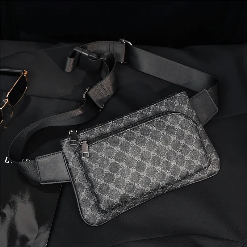 Men's patterned black PU leather waterproof crossbody chest bag with adjustable strap