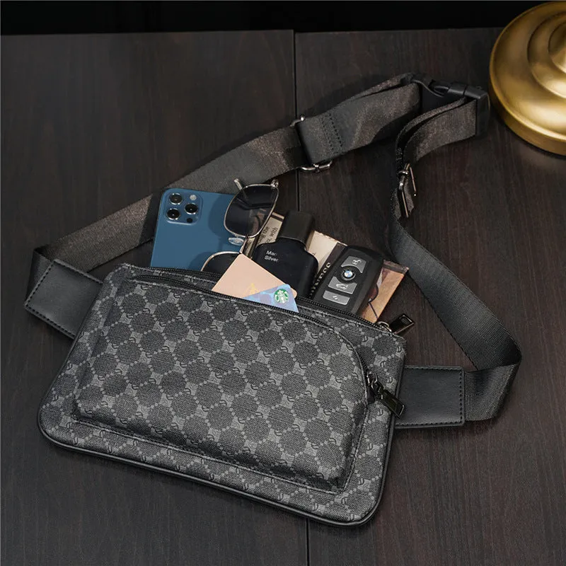 Men's patterned black PU leather waterproof crossbody chest bag with adjustable strap