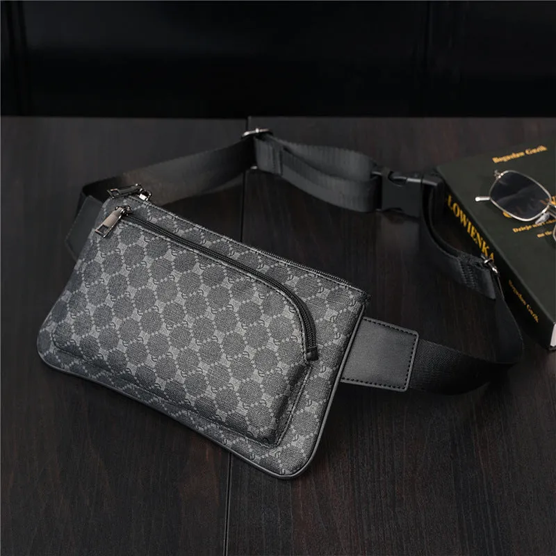 Men's patterned black PU leather waterproof crossbody chest bag with adjustable strap