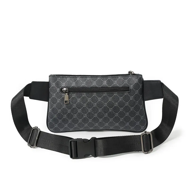 Men's patterned black PU leather waterproof crossbody chest bag with adjustable strap