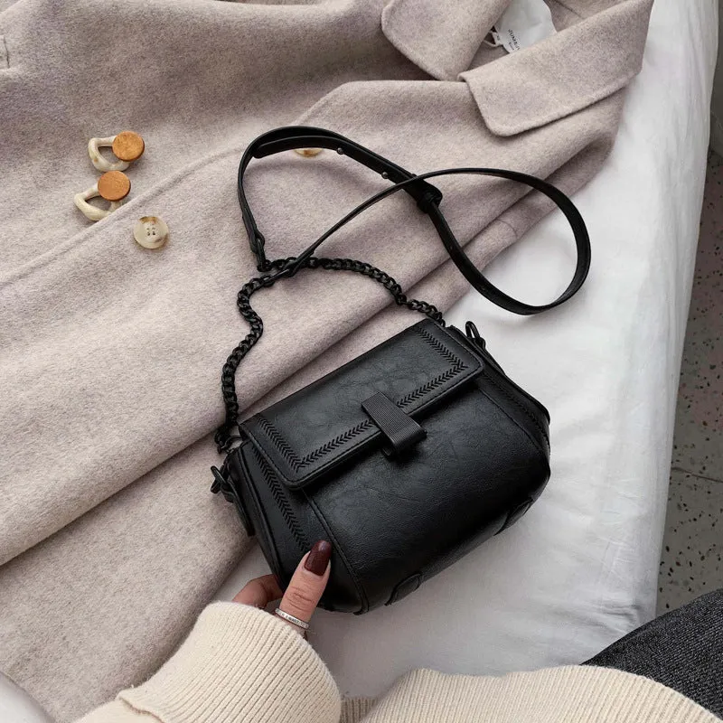 Korean style PU shoulder crossbody bag in beige with clamshell opening and crossbody strap