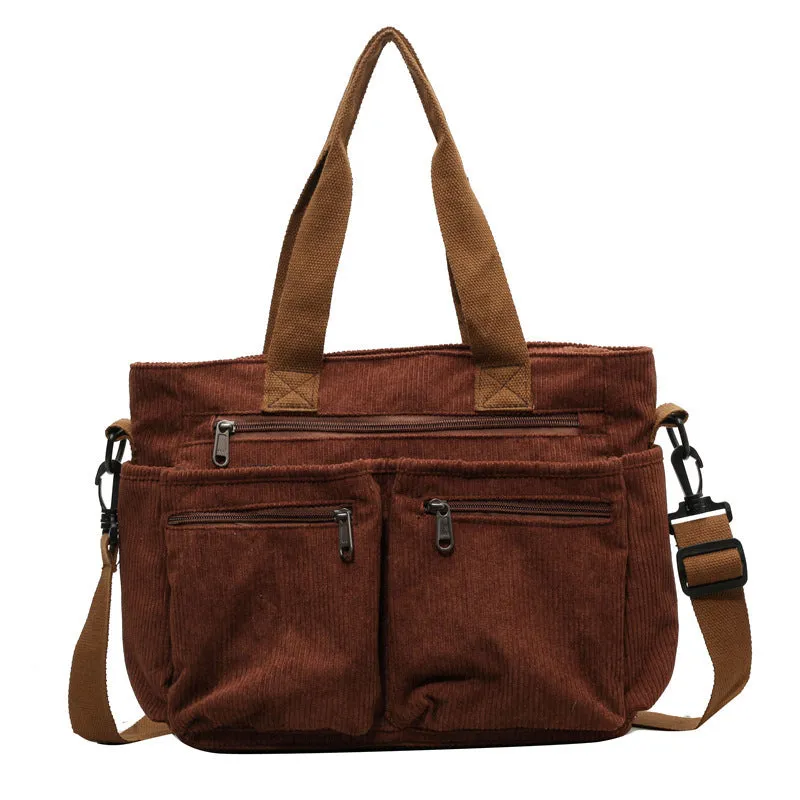 Large capacity women's simple shoulder messenger bag in soft corduroy, horizontal square shape, beige colour, 37x25x14cm