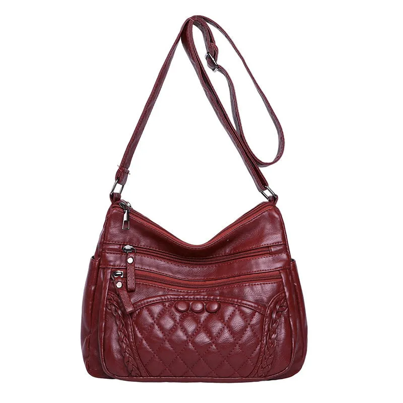 Soft leather retro women's shoulder bag large capacity small square bag with sewing line detail in brown