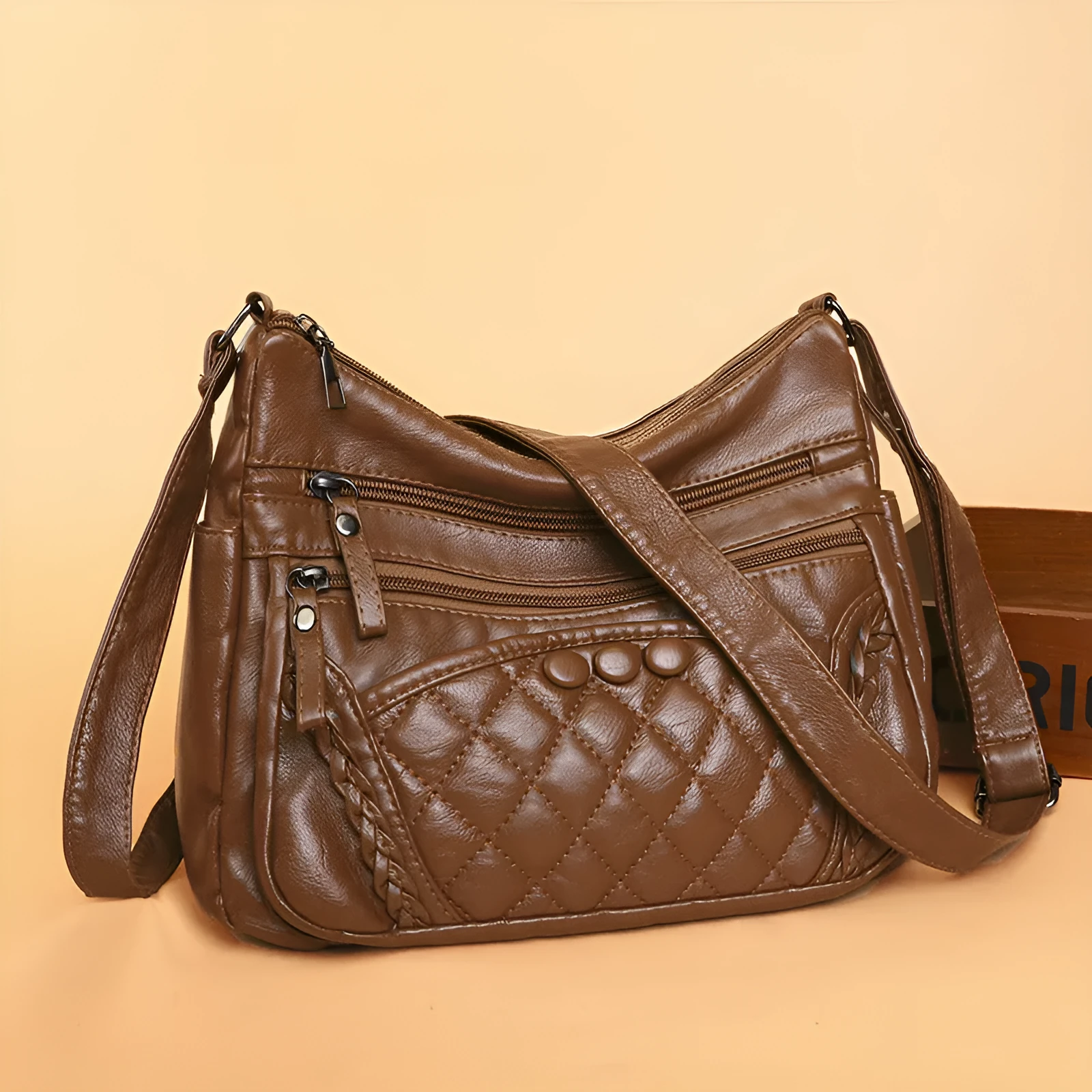 Soft leather retro women's shoulder bag large capacity small square bag with sewing line detail in brown