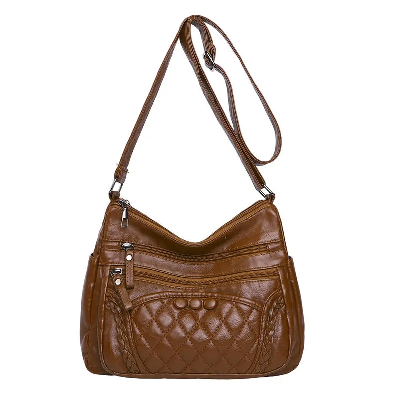 Soft leather retro women's shoulder bag large capacity small square bag with sewing line detail in brown