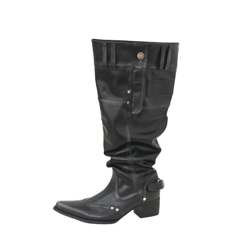 Black pointed toe chunky heel slimming boots with leather lining and high cylinder sock, side view on white background