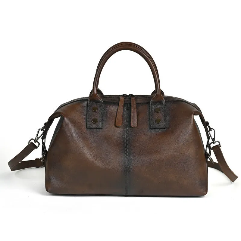 Women's European and American retro large-capacity handbag in genuine leather, horizontal square shape, brown colour