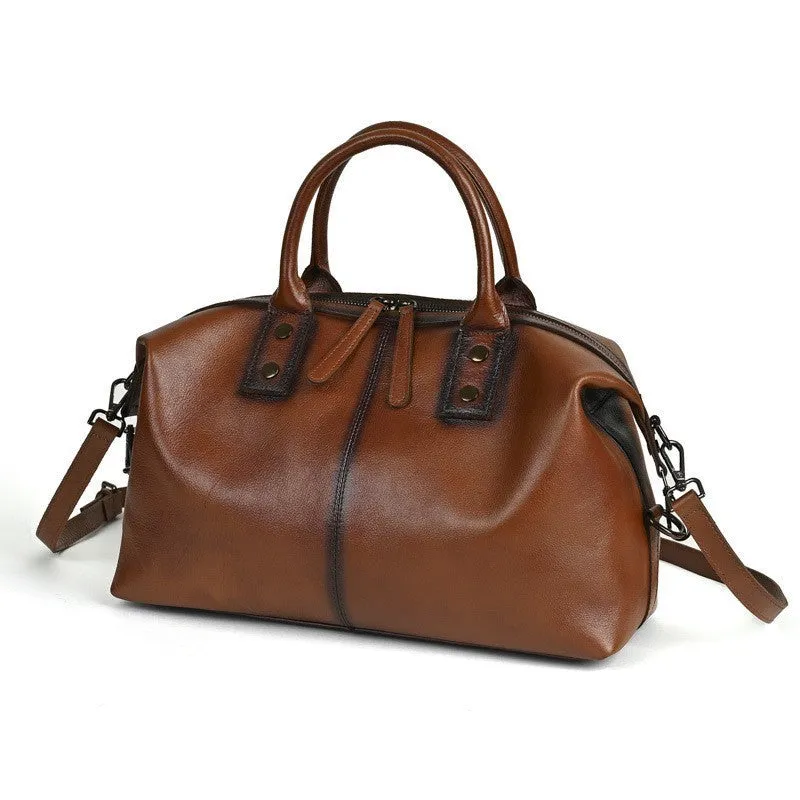 Women's European and American retro large-capacity handbag in genuine leather, horizontal square shape, brown colour