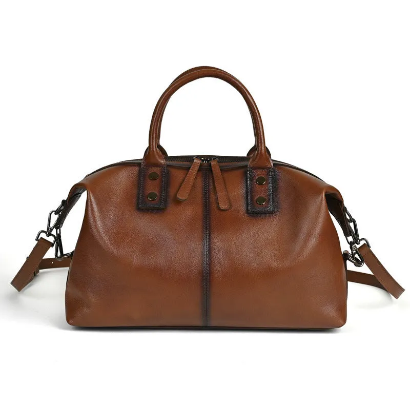 Women's European and American retro large-capacity handbag in genuine leather, horizontal square shape, brown colour