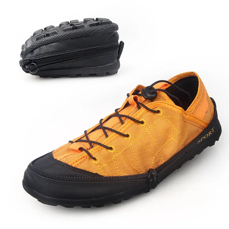 Portable folding outdoor shoes with mesh upper and side zipper in orange colour