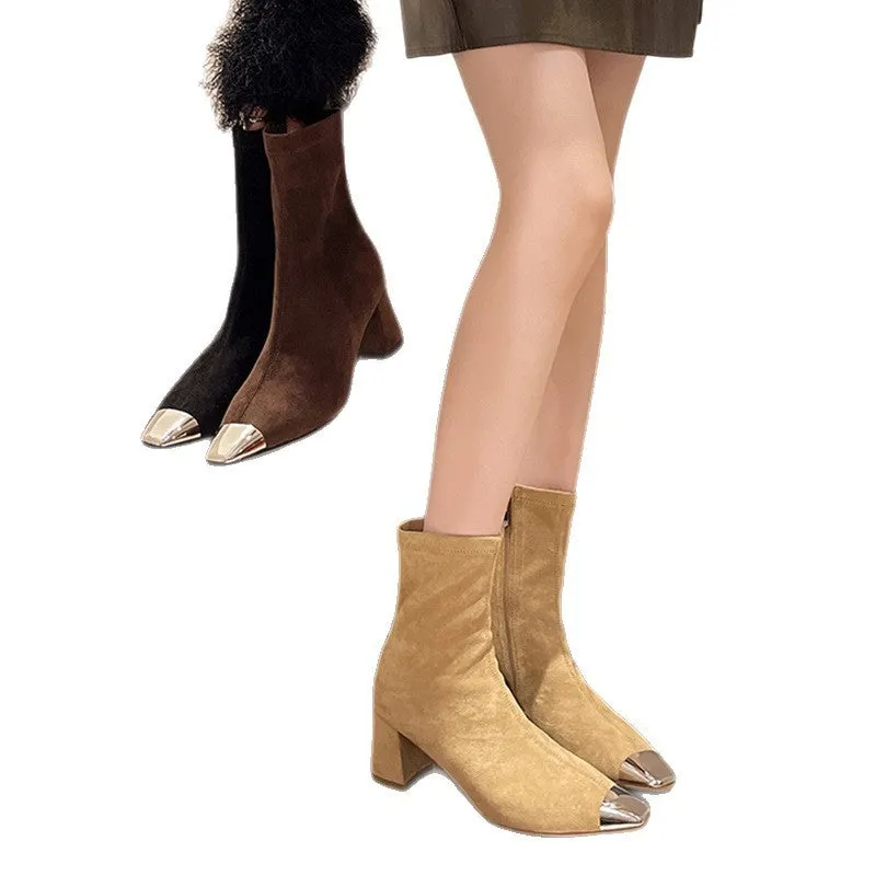 Women's square toe chunky heel boots in matte cowhide leather, mid heel 3-5CM, side zipper, black colour