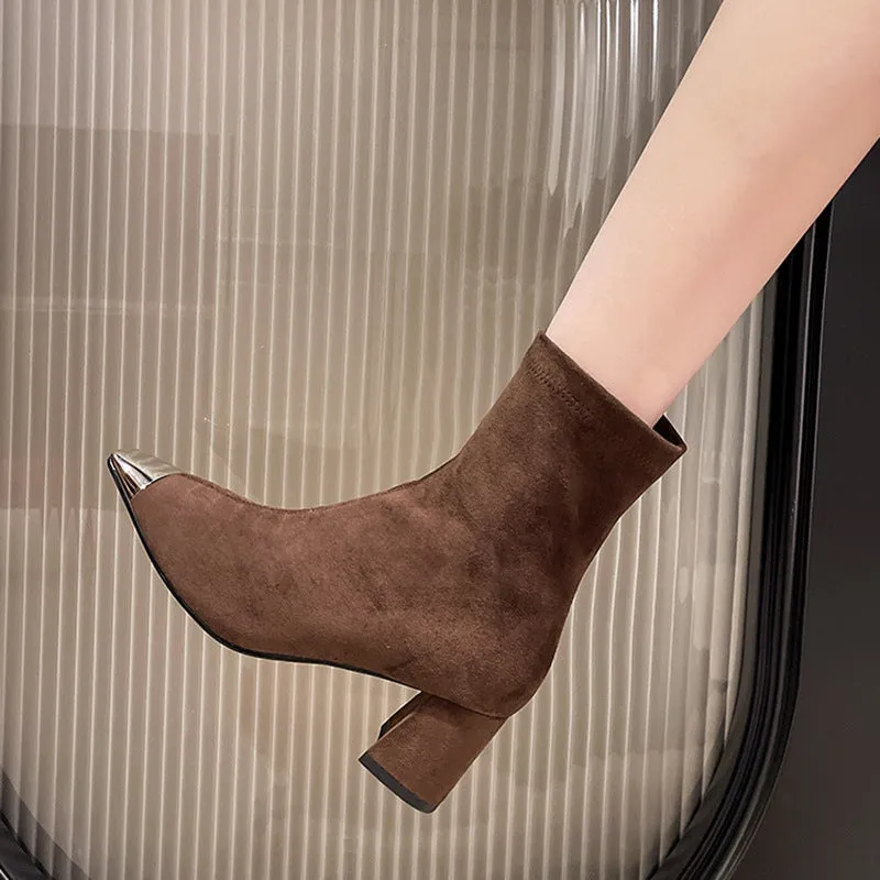 Women's square toe chunky heel boots in matte cowhide leather, mid heel 3-5CM, side zipper, black colour