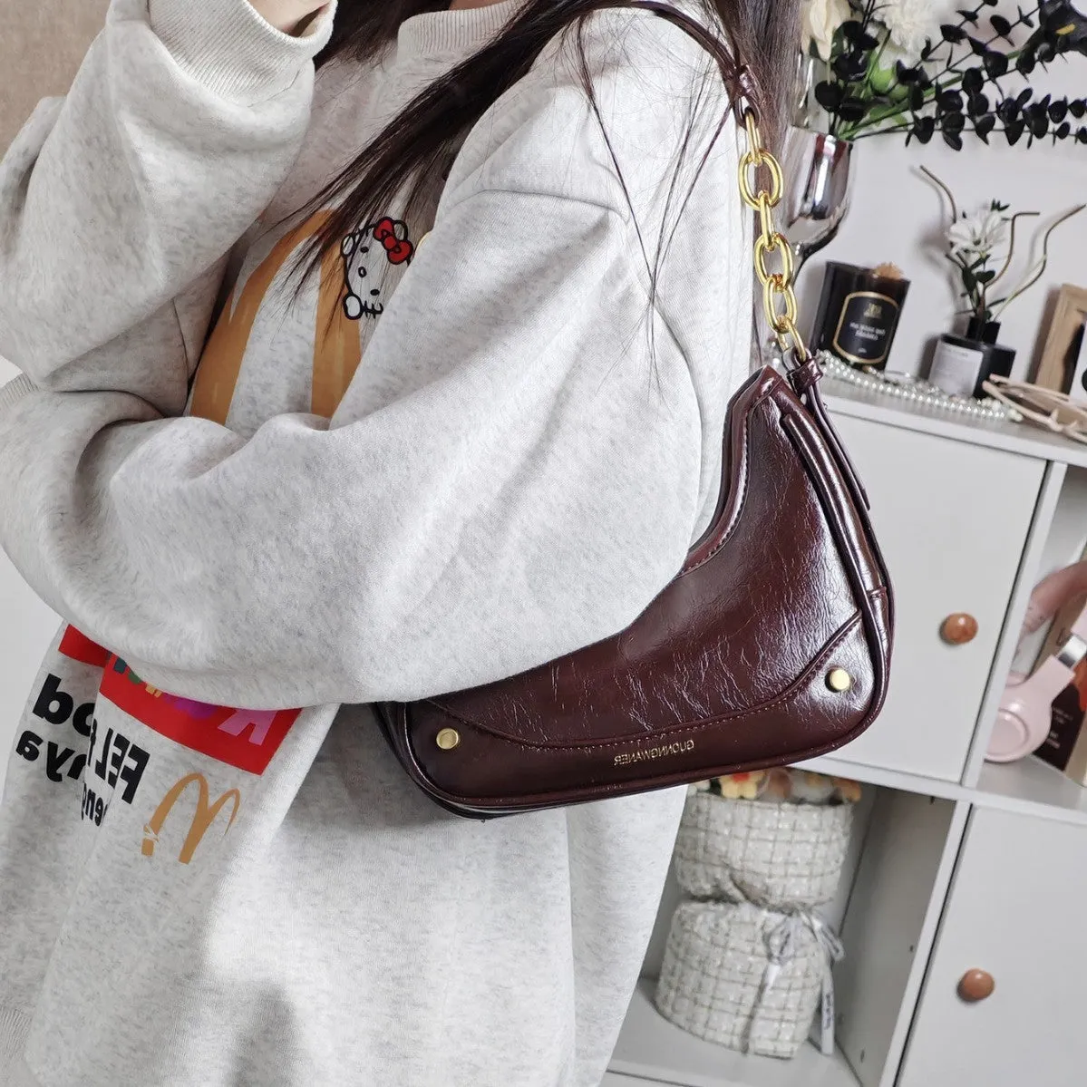 Wine red PU crescent underarm bag with chain detail, horizontal square shape, women's one-shoulder bag