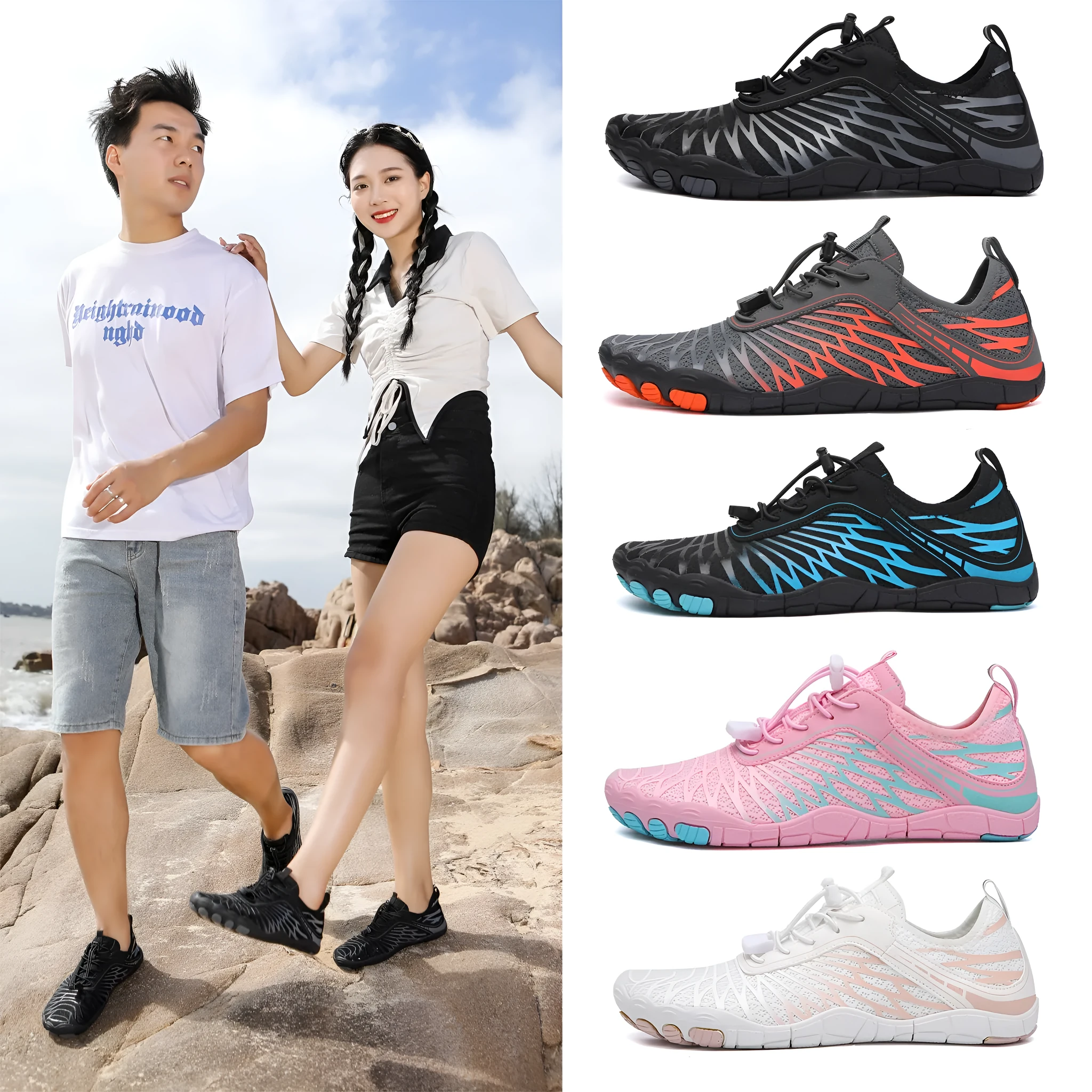 Outdoor five-finger upstream wading shoes with black and blue colourway, rubber sole and breathable leather upper