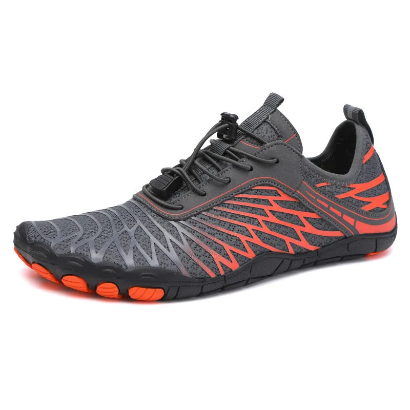 Outdoor five-finger upstream wading shoes with black and blue colourway, rubber sole and breathable leather upper