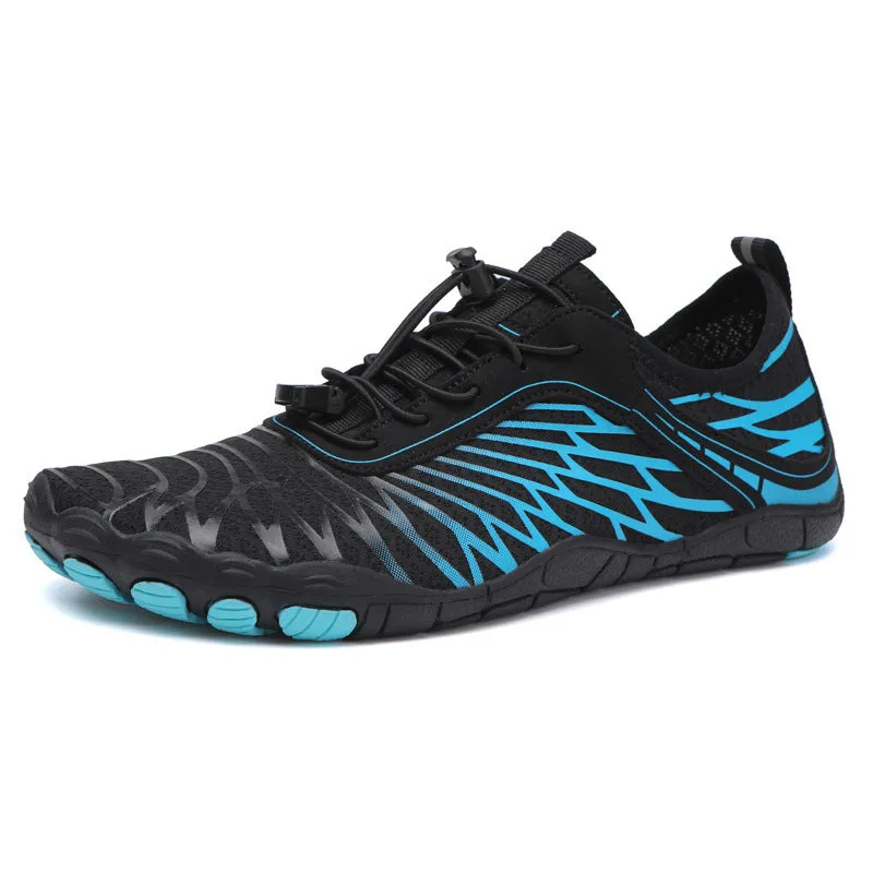 Outdoor five-finger upstream wading shoes with black and blue colourway, rubber sole and breathable leather upper