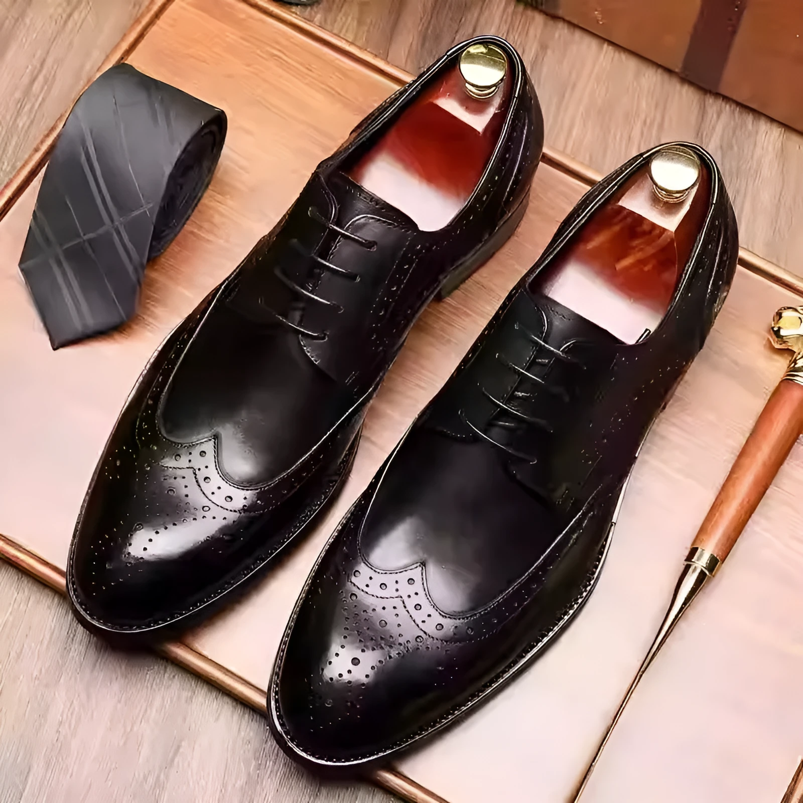 Men's burgundy British pointed-toe brogues with carved patterns for wedding and business formal wear