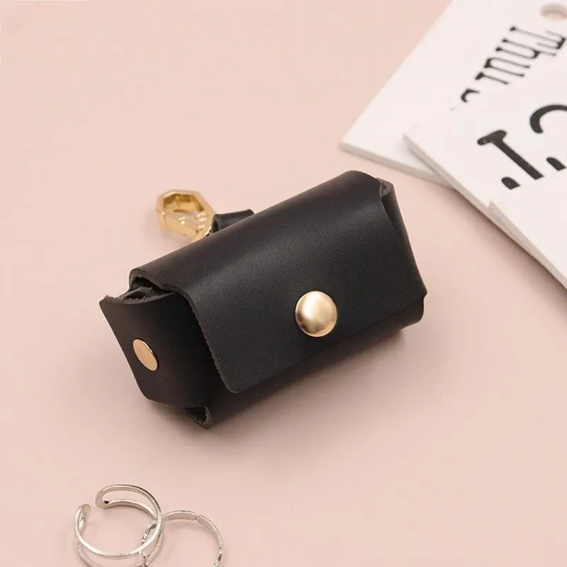 Leather ring storage bag in solid colour with hard shell design, 57x25x35mm, Korean style