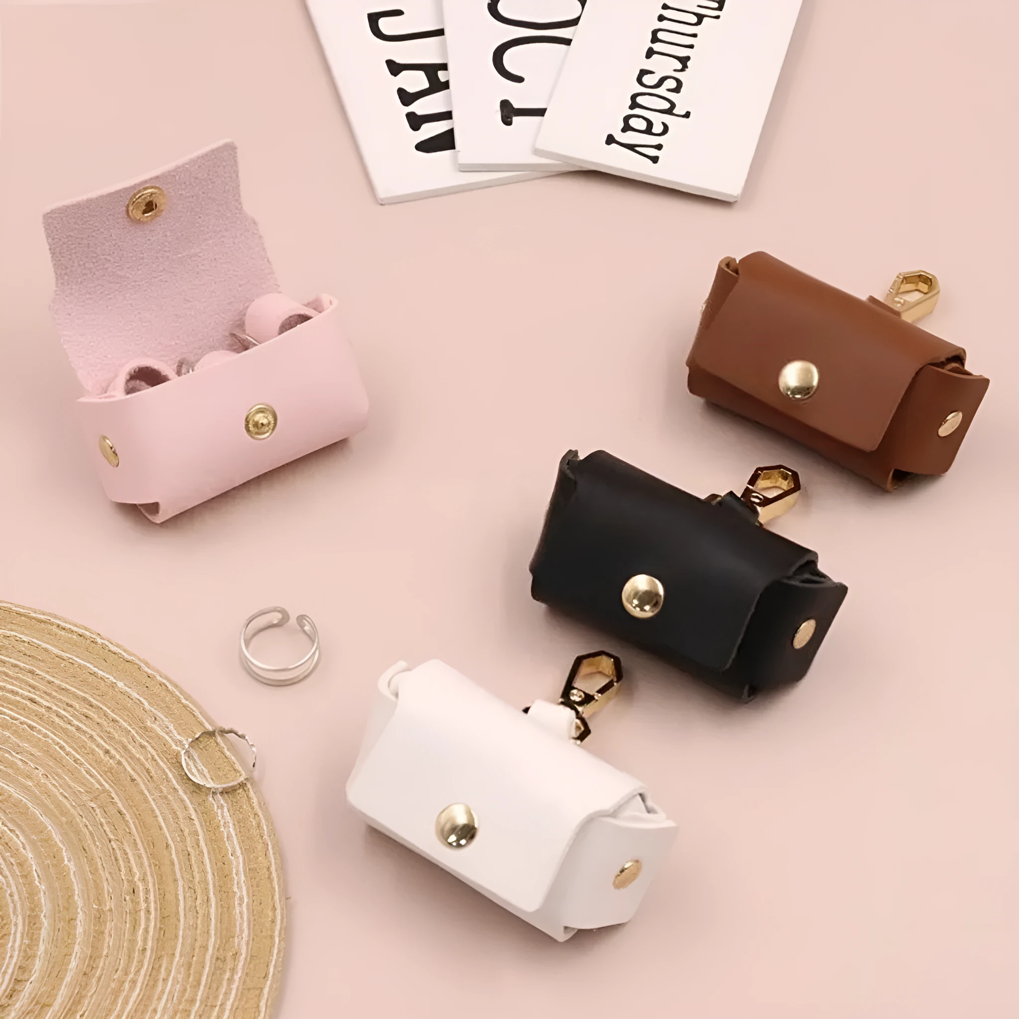Leather ring storage bag in solid colour with hard shell design, 57x25x35mm, Korean style